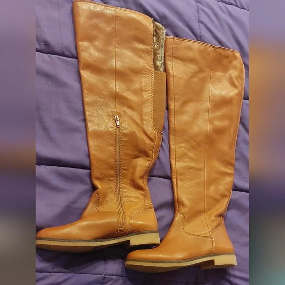 Lucky Brand Generall Tall Leather Riding Boots Fur Cuff - Picture 1 of 9